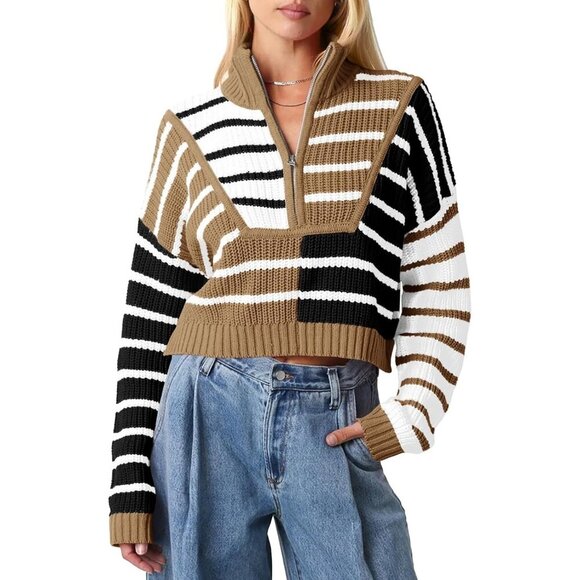 Sweaters - Women’s Coffe Saodi mallsu Striped Cropped Zip Up Sweater, Color Block